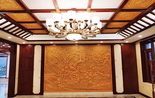 金昌中式别墅客厅中式木作横梁吊顶装饰展示